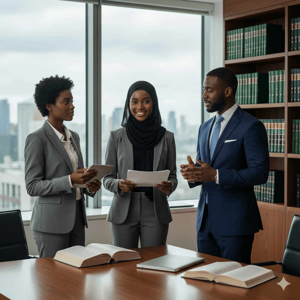 Legal professionals collaborating with technology